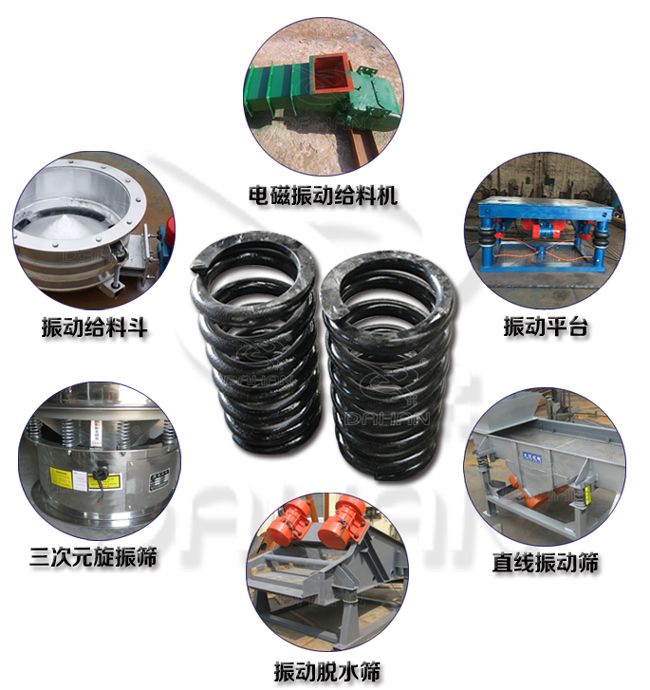 旋振篩減震彈簧適用產(chǎn)品：振動(dòng)給料機(jī)，電磁振動(dòng)給料機(jī)，振動(dòng)平臺(tái)，直線振動(dòng)篩，振動(dòng)脫水篩，三次元旋振篩。