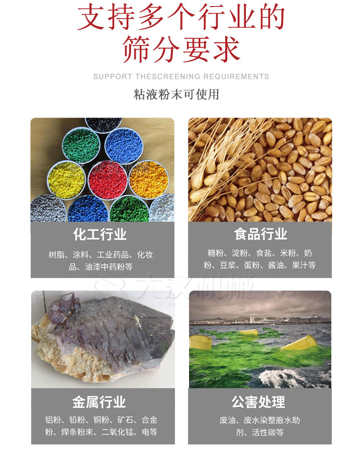 適用于化工行業(yè)，食品行業(yè)，金屬行業(yè)，以及公害處理等行業(yè)?；ば袠I(yè)：樹脂，涂料，工業(yè)藥品，化妝品，油漆，中藥粉等;食品行業(yè)：糖粉，淀粉，食用鹽，米粉，奶粉，豆?jié){，蛋粉，醬油，果汁等;金屬行業(yè)：鋁粉，鉛粉，銅粉，礦石，合金粉，焊條粉末，二氧化錳，電等。公害處理：廢油，廢水染整廒水助劑，活性炭等。超聲波振動(dòng)篩支持挑選定制常見的有：不銹鋼，碳鋼，全不銹鋼三種規(guī)格。不銹鋼：耐腐蝕，耐高溫適合化工行業(yè),碳鋼：鋼性強(qiáng)，硬度高經(jīng)久耐用,全不銹鋼：機(jī)身經(jīng)久耐用不易生銹不易腐蝕超聲波振動(dòng)篩共有一到四層可供選擇。大漢超聲波振動(dòng)篩優(yōu)勢：篩分效率高，篩分精度高，產(chǎn)量可提高0.5-10倍適用于：大米，米粉，綠豆，小米等。輕松解決堵網(wǎng)問題適用10目-635目之間的物料。