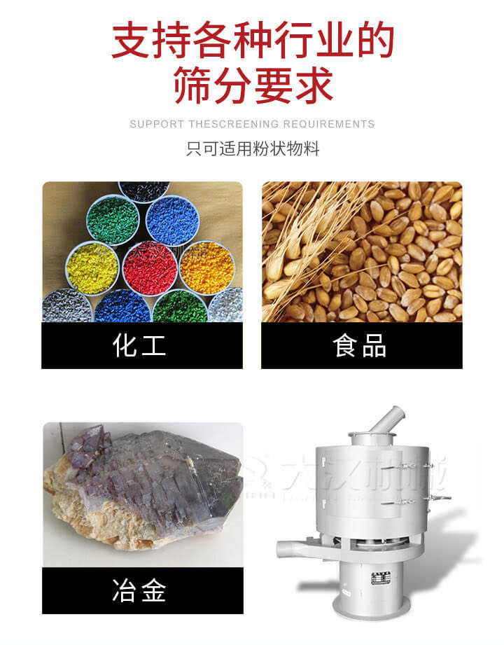 氣流篩用于礦粉，石墨粉，活性納米碳酸鈣，鋁灰，大豆粉，碳酸重鈣，石墨粉，木粉，干草，重金石粉，藥粉末，橡膠顆粒，草酸鹽，干料粉，木粉，聚酯粉，干粉，塑料，金屬粉末，橡膠粉，粉煤灰，石墨粉，陶瓷粉，鋅粉，石英粉，石灰粉，鐵粉，金屬硅粉等。