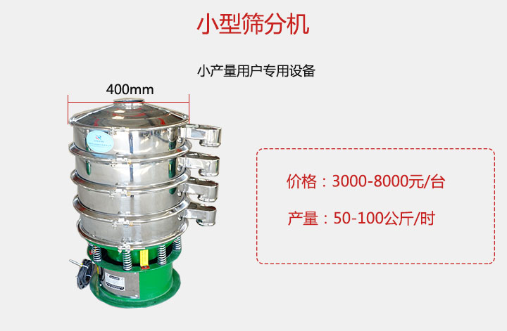 小型篩分機產(chǎn)量可達100公斤/時，價格3000元起。