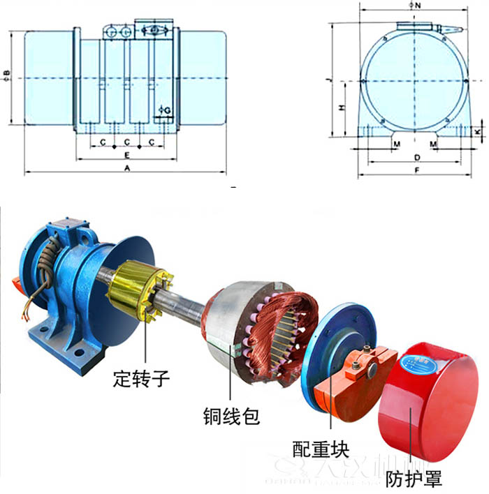 ZFB倉壁振動器外形尺寸字母代表：A為整機(jī)長度F為整機(jī)寬度B為主機(jī)寬度等。結(jié)構(gòu)：定轉(zhuǎn)子，銅線包，配重塊，防護(hù)罩等。