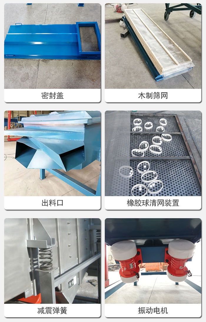 直線篩結(jié)構(gòu)展示：篩網(wǎng)，篩箱，振動電機(jī)，振動電機(jī)座，減震彈簧，支架等部件展示圖