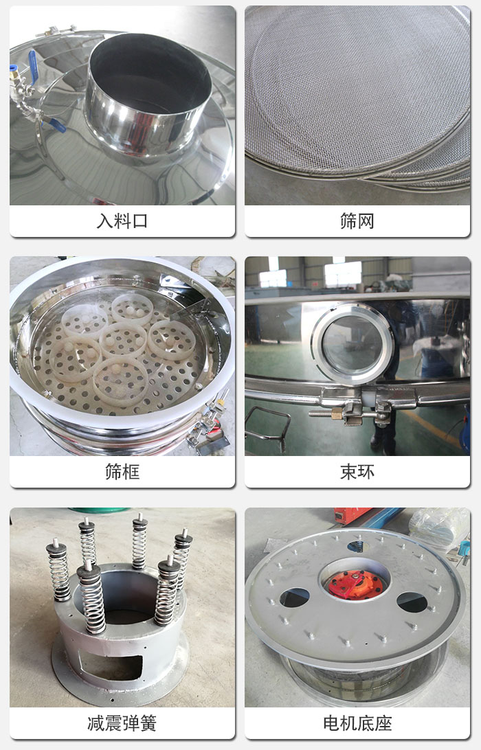 醫(yī)藥振動(dòng)篩有電機(jī)底座，減震彈簧，束環(huán)，篩框，入料口，篩網(wǎng)等部件展示。