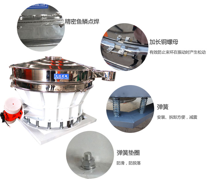1500直排篩細節(jié)展示：彈簧，彈簧墊圈，加長銅螺母。