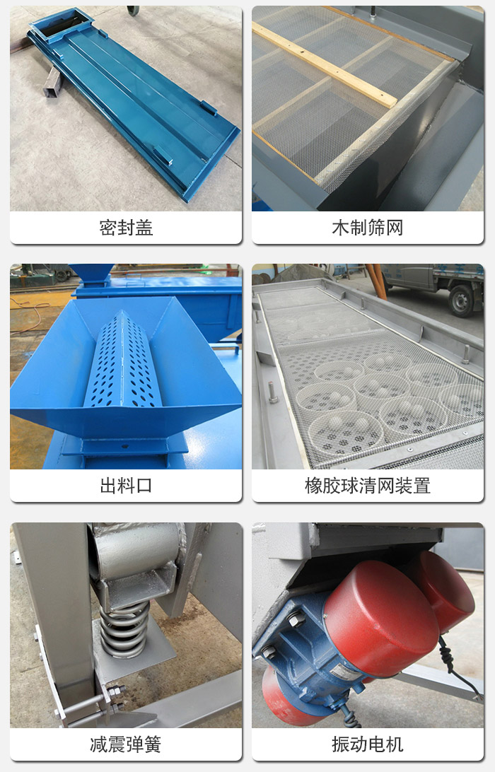 直線篩分機(jī)的結(jié)構(gòu)展示圖：篩箱是物料主要篩分設(shè)備之一，篩網(wǎng)用于篩分物料，振動(dòng)電機(jī)幫助篩網(wǎng)篩分。