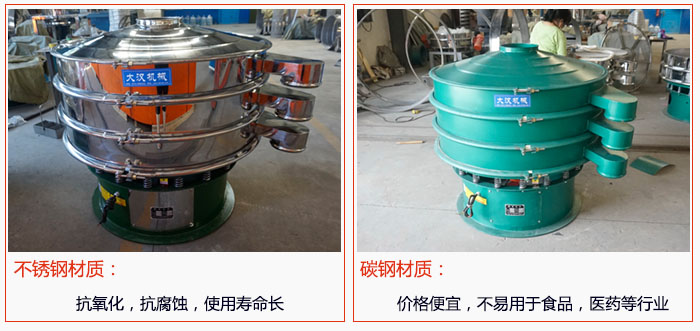 800型振動篩有不銹鋼和碳鋼兩種材質(zhì)，不銹鋼材質(zhì)：抗氧化，抗腐蝕，使用壽命長 碳鋼材質(zhì)：價格便宜，不易篩分食品，化工，醫(yī)藥等行業(yè)的物料。