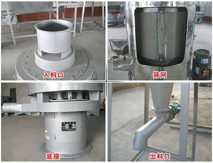 氣流篩部件展示：入料口，篩網(wǎng)，底座，出料口等。