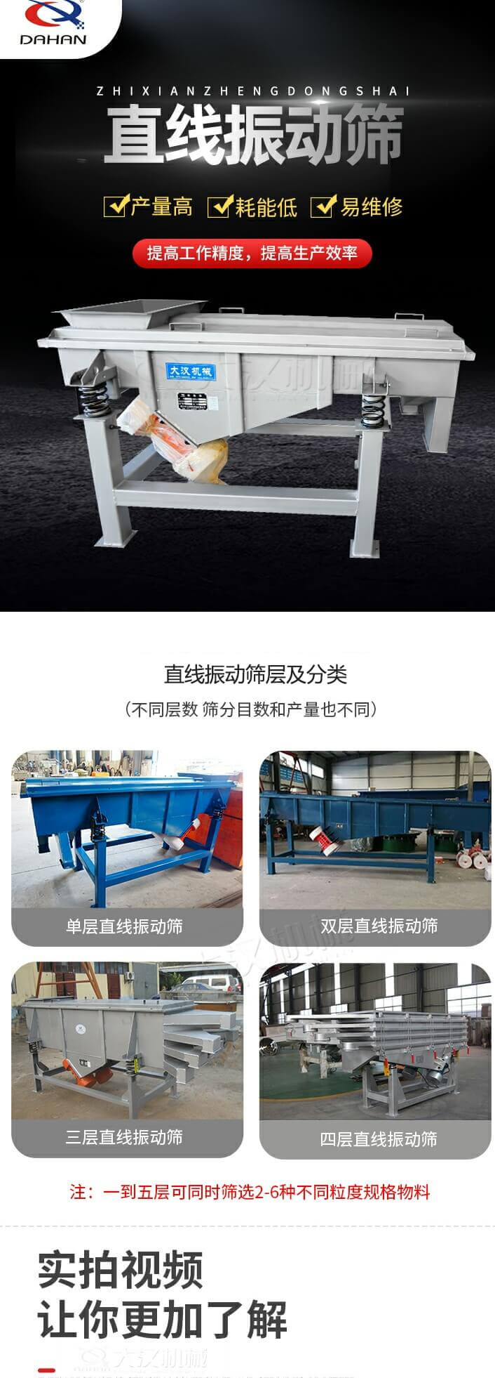 直線振動篩概述，產量高，耗能低，易維修，提高工作精度，提高生產效率，直線振動篩層級分類：不同層數，篩分目數和產量也不同：單層，雙層，三層，四層等。