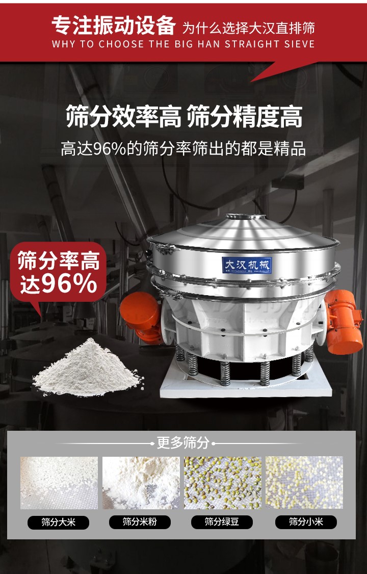 直排篩適用物料有面粉，淀粉，洗衣粉，金屬粉，添加劑，化工，非礦等行業(yè)。