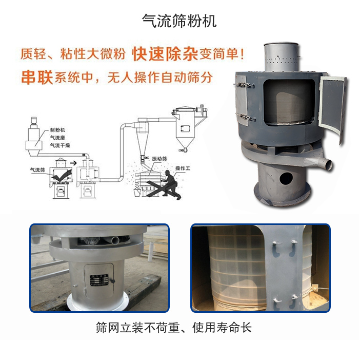 氣流篩粉機(jī)適用：質(zhì)輕，粘性大微粉采用串聯(lián)系統(tǒng)重，無(wú)人操作自動(dòng)篩分 特點(diǎn)：篩網(wǎng)立裝不負(fù)重，使用壽命長(zhǎng)。