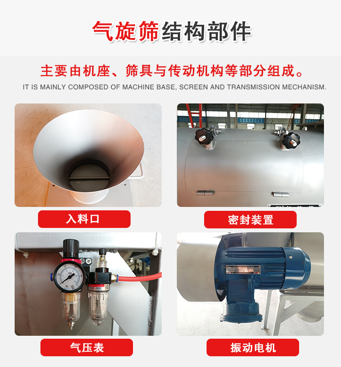 氣旋篩結構：入料口，密封裝置，電機，氣壓表等